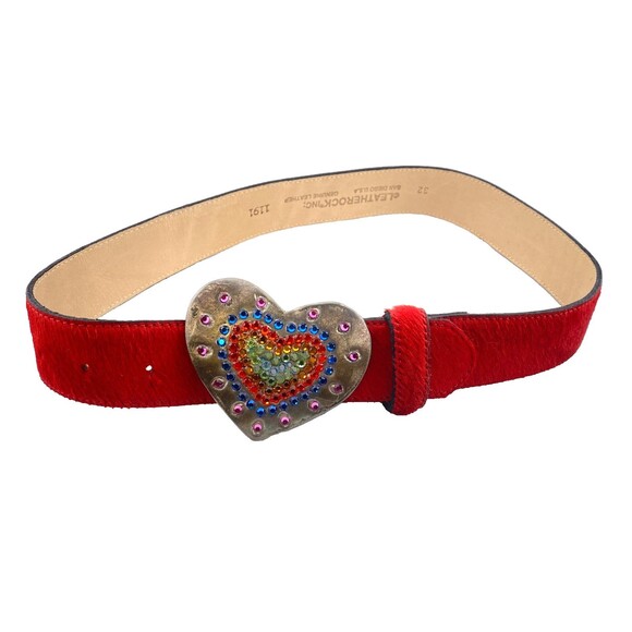 LEATHEROCK Western Belt 32 Rhinestone Heart Buckle Cowgirl Leather USA Red Fur main image 8